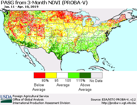 United States PASG from 3-Month NDVI (PROBA-V) Thematic Map For 4/1/2019 - 4/10/2019