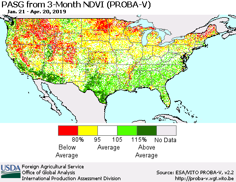 United States PASG from 3-Month NDVI (PROBA-V) Thematic Map For 4/11/2019 - 4/20/2019