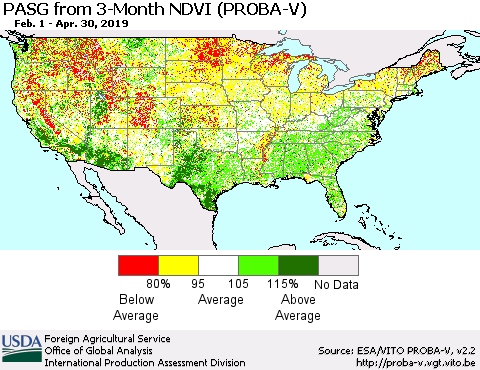 United States PASG from 3-Month NDVI (PROBA-V) Thematic Map For 4/21/2019 - 4/30/2019