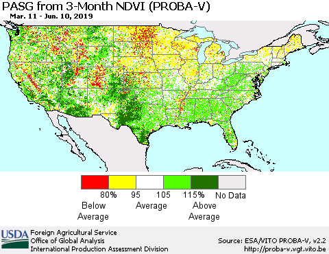 United States PASG from 3-Month NDVI (PROBA-V) Thematic Map For 6/1/2019 - 6/10/2019