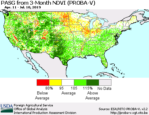 United States PASG from 3-Month NDVI (PROBA-V) Thematic Map For 7/1/2019 - 7/10/2019