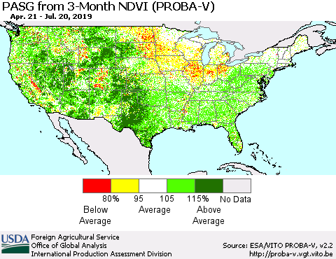 United States PASG from 3-Month NDVI (PROBA-V) Thematic Map For 7/11/2019 - 7/20/2019
