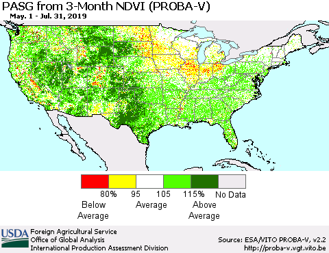 United States PASG from 3-Month NDVI (PROBA-V) Thematic Map For 7/21/2019 - 7/31/2019