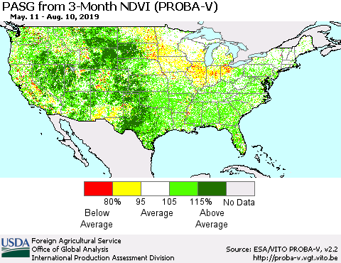 United States PASG from 3-Month NDVI (PROBA-V) Thematic Map For 8/1/2019 - 8/10/2019
