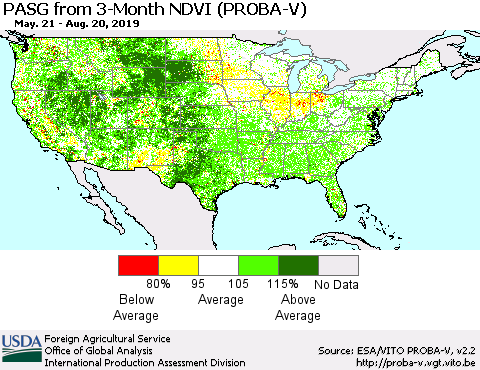 United States PASG from 3-Month NDVI (PROBA-V) Thematic Map For 8/11/2019 - 8/20/2019