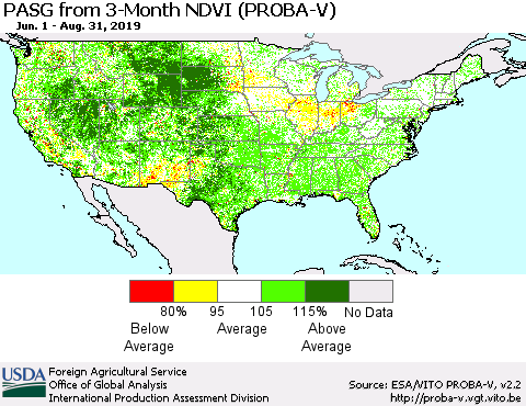 United States PASG from 3-Month NDVI (PROBA-V) Thematic Map For 8/21/2019 - 8/31/2019