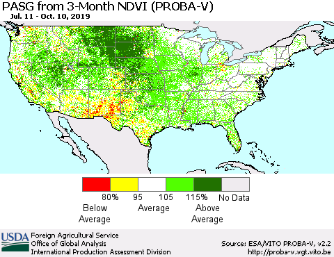 United States PASG from 3-Month NDVI (PROBA-V) Thematic Map For 10/1/2019 - 10/10/2019
