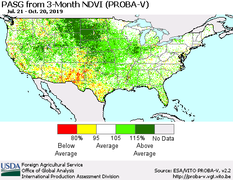United States PASG from 3-Month NDVI (PROBA-V) Thematic Map For 10/11/2019 - 10/20/2019