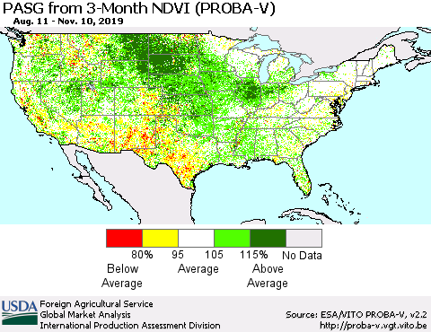 United States PASG from 3-Month NDVI (PROBA-V) Thematic Map For 11/1/2019 - 11/10/2019