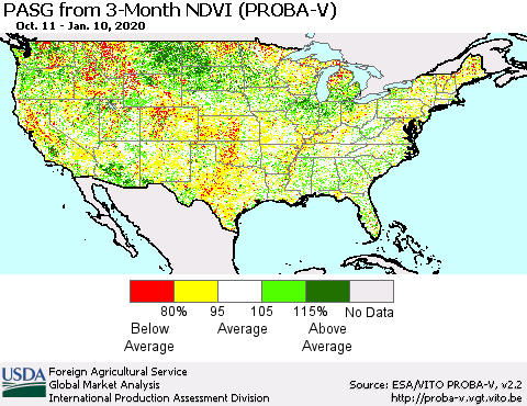 United States PASG from 3-Month NDVI (PROBA-V) Thematic Map For 1/1/2020 - 1/10/2020