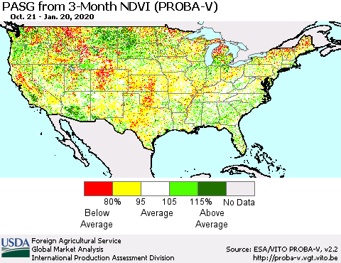 United States PASG from 3-Month NDVI (PROBA-V) Thematic Map For 1/11/2020 - 1/20/2020