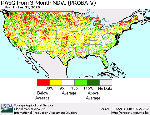 United States PASG from 3-Month NDVI (PROBA-V) Thematic Map For 1/21/2020 - 1/31/2020