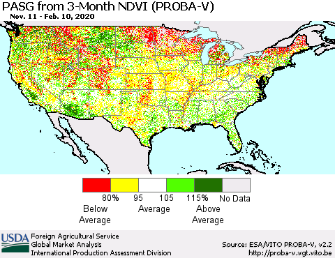 United States PASG from 3-Month NDVI (PROBA-V) Thematic Map For 2/1/2020 - 2/10/2020
