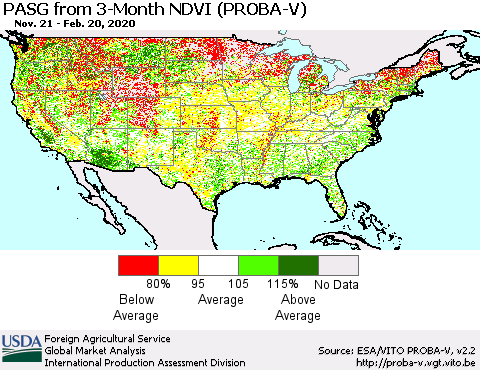 United States PASG from 3-Month NDVI (PROBA-V) Thematic Map For 2/11/2020 - 2/20/2020