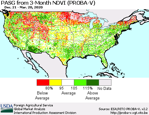 United States PASG from 3-Month NDVI (PROBA-V) Thematic Map For 3/11/2020 - 3/20/2020