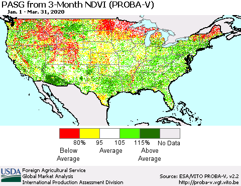 United States PASG from 3-Month NDVI (PROBA-V) Thematic Map For 3/21/2020 - 3/31/2020