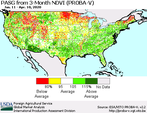 United States PASG from 3-Month NDVI (PROBA-V) Thematic Map For 4/1/2020 - 4/10/2020