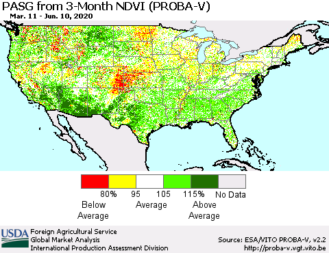 United States PASG from 3-Month NDVI (PROBA-V) Thematic Map For 6/1/2020 - 6/10/2020