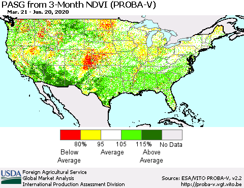 United States PASG from 3-Month NDVI (PROBA-V) Thematic Map For 6/11/2020 - 6/20/2020