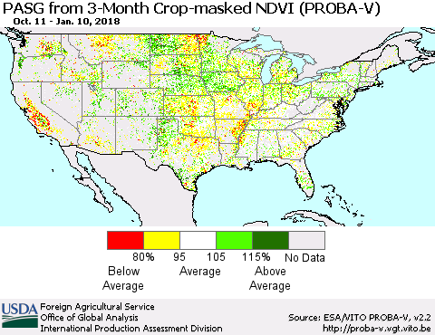 United States PASG from 3-Month Crop-masked NDVI (PROBA-V) Thematic Map For 1/1/2018 - 1/10/2018