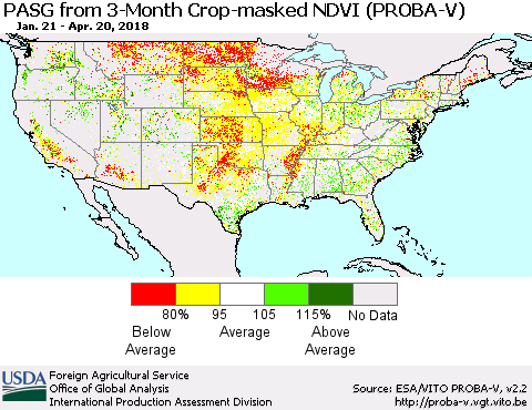 United States PASG from 3-Month Crop-masked NDVI (PROBA-V) Thematic Map For 4/11/2018 - 4/20/2018