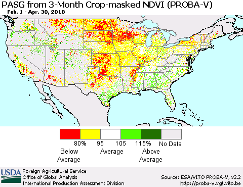 United States PASG from 3-Month Crop-masked NDVI (PROBA-V) Thematic Map For 4/21/2018 - 4/30/2018