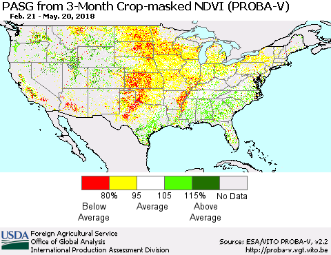 United States PASG from 3-Month Crop-masked NDVI (PROBA-V) Thematic Map For 5/11/2018 - 5/20/2018