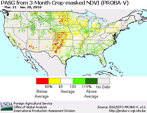 United States PASG from 3-Month Crop-masked NDVI (PROBA-V) Thematic Map For 6/11/2018 - 6/20/2018
