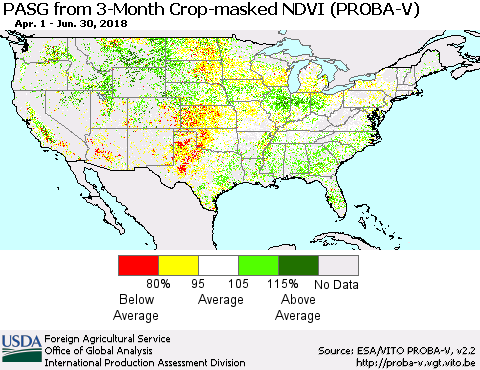 United States PASG from 3-Month Crop-masked NDVI (PROBA-V) Thematic Map For 6/21/2018 - 6/30/2018