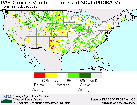 United States PASG from 3-Month Crop-masked NDVI (PROBA-V) Thematic Map For 7/1/2018 - 7/10/2018