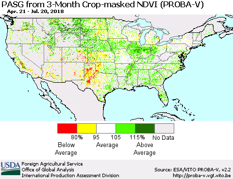 United States PASG from 3-Month Crop-masked NDVI (PROBA-V) Thematic Map For 7/11/2018 - 7/20/2018