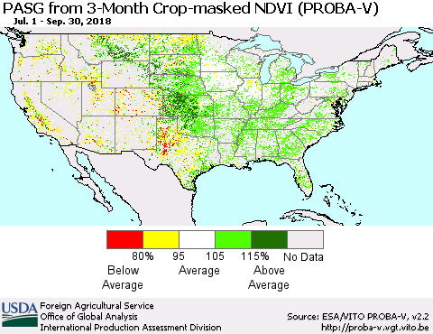 United States PASG from 3-Month Crop-masked NDVI (PROBA-V) Thematic Map For 9/21/2018 - 9/30/2018