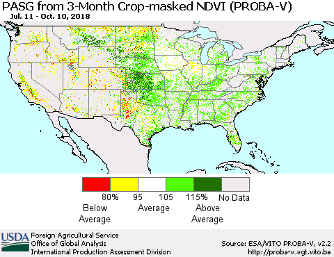 United States PASG from 3-Month Crop-masked NDVI (PROBA-V) Thematic Map For 10/1/2018 - 10/10/2018