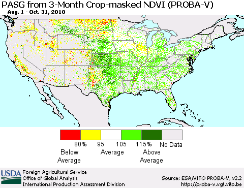 United States PASG from 3-Month Crop-masked NDVI (PROBA-V) Thematic Map For 10/21/2018 - 10/31/2018