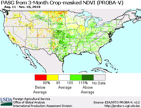 United States PASG from 3-Month Crop-masked NDVI (PROBA-V) Thematic Map For 11/1/2018 - 11/10/2018