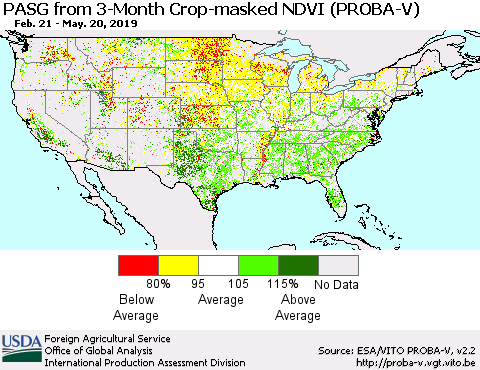 United States PASG from 3-Month Crop-masked NDVI (PROBA-V) Thematic Map For 5/11/2019 - 5/20/2019
