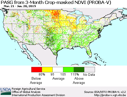 United States PASG from 3-Month Crop-masked NDVI (PROBA-V) Thematic Map For 6/11/2019 - 6/20/2019