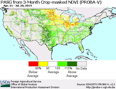 United States PASG from 3-Month Crop-masked NDVI (PROBA-V) Thematic Map For 7/11/2019 - 7/20/2019