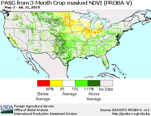 United States PASG from 3-Month Crop-masked NDVI (PROBA-V) Thematic Map For 7/21/2019 - 7/31/2019