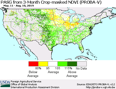 United States PASG from 3-Month Crop-masked NDVI (PROBA-V) Thematic Map For 8/1/2019 - 8/10/2019