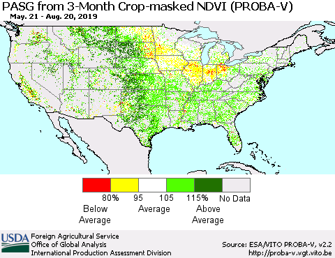 United States PASG from 3-Month Crop-masked NDVI (PROBA-V) Thematic Map For 8/11/2019 - 8/20/2019