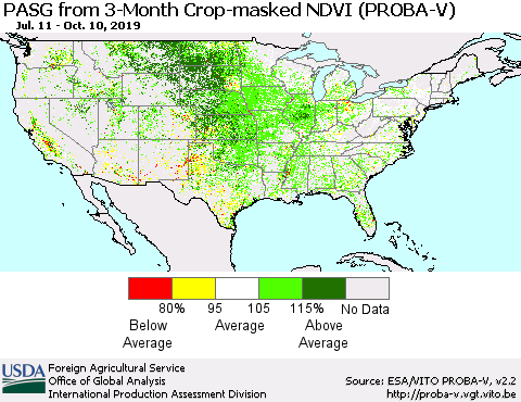 United States PASG from 3-Month Crop-masked NDVI (PROBA-V) Thematic Map For 10/1/2019 - 10/10/2019
