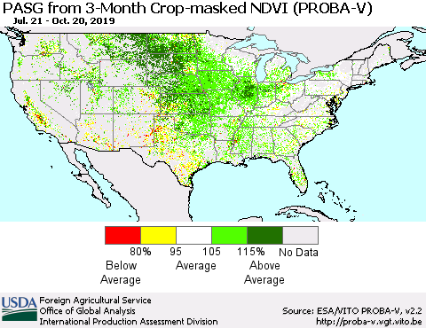 United States PASG from 3-Month Crop-masked NDVI (PROBA-V) Thematic Map For 10/11/2019 - 10/20/2019