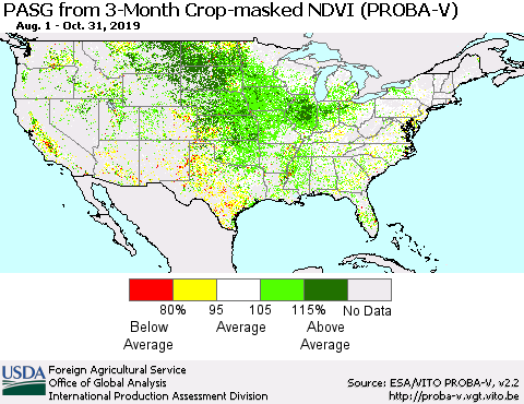 United States PASG from 3-Month Crop-masked NDVI (PROBA-V) Thematic Map For 10/21/2019 - 10/31/2019
