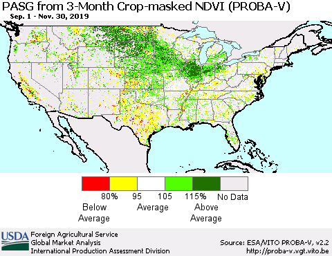 United States PASG from 3-Month Crop-masked NDVI (PROBA-V) Thematic Map For 11/21/2019 - 11/30/2019