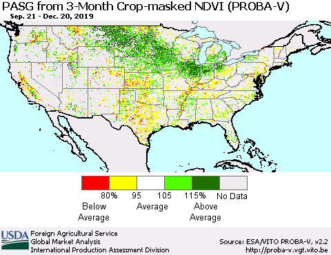 United States PASG from 3-Month Crop-masked NDVI (PROBA-V) Thematic Map For 12/11/2019 - 12/20/2019
