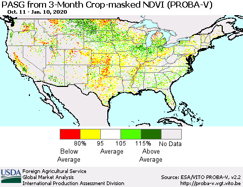 United States PASG from 3-Month Crop-masked NDVI (PROBA-V) Thematic Map For 1/1/2020 - 1/10/2020