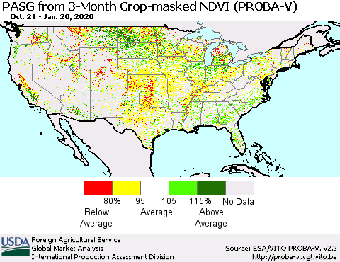 United States PASG from 3-Month Crop-masked NDVI (PROBA-V) Thematic Map For 1/11/2020 - 1/20/2020