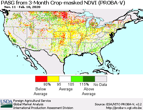 United States PASG from 3-Month Crop-masked NDVI (PROBA-V) Thematic Map For 2/1/2020 - 2/10/2020