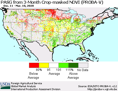 United States PASG from 3-Month Crop-masked NDVI (PROBA-V) Thematic Map For 3/1/2020 - 3/10/2020